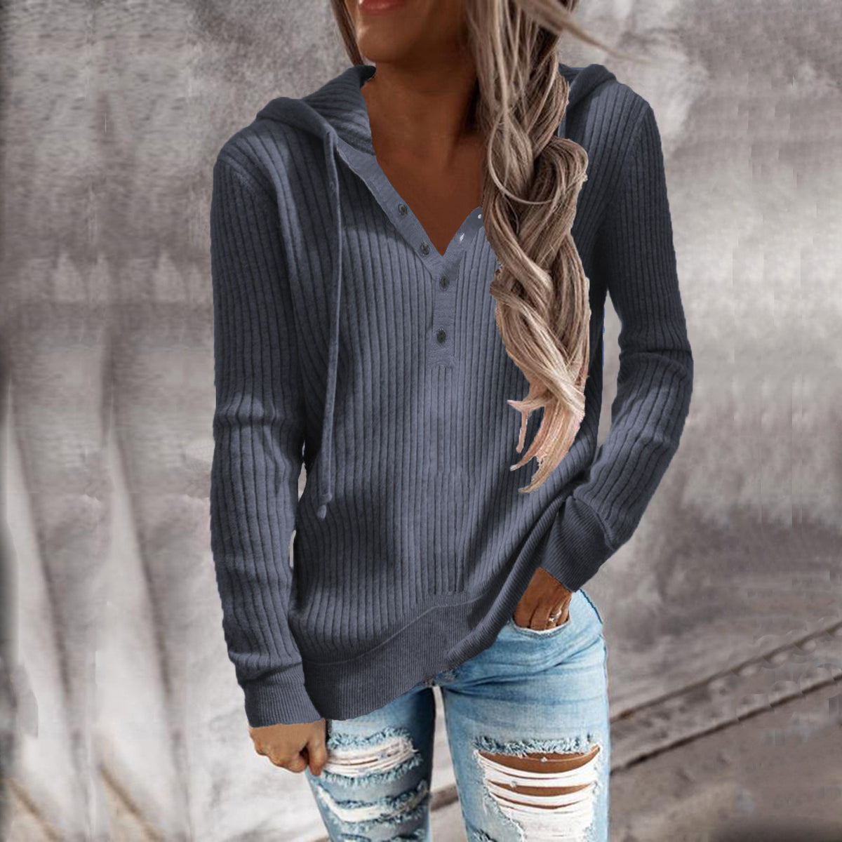 Elarova | Damen Kapuzenpullover mit strukturiertem Rippdesign und praktischen Knopfdetails