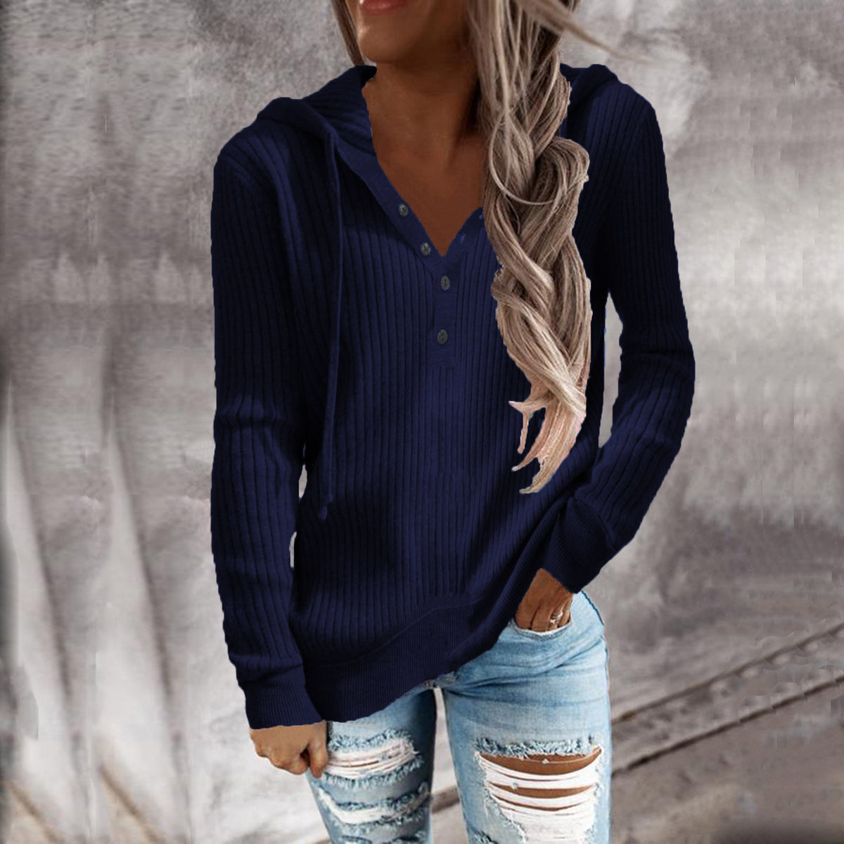 Elarova | Damen Kapuzenpullover mit strukturiertem Rippdesign und praktischen Knopfdetails