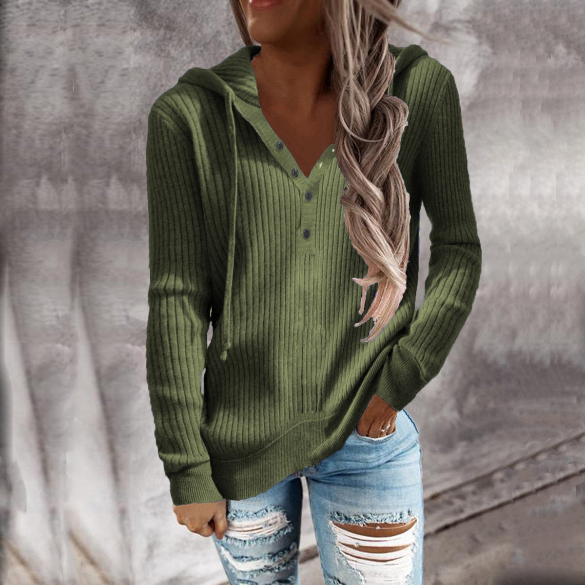 Elarova | Damen Kapuzenpullover mit strukturiertem Rippdesign und praktischen Knopfdetails