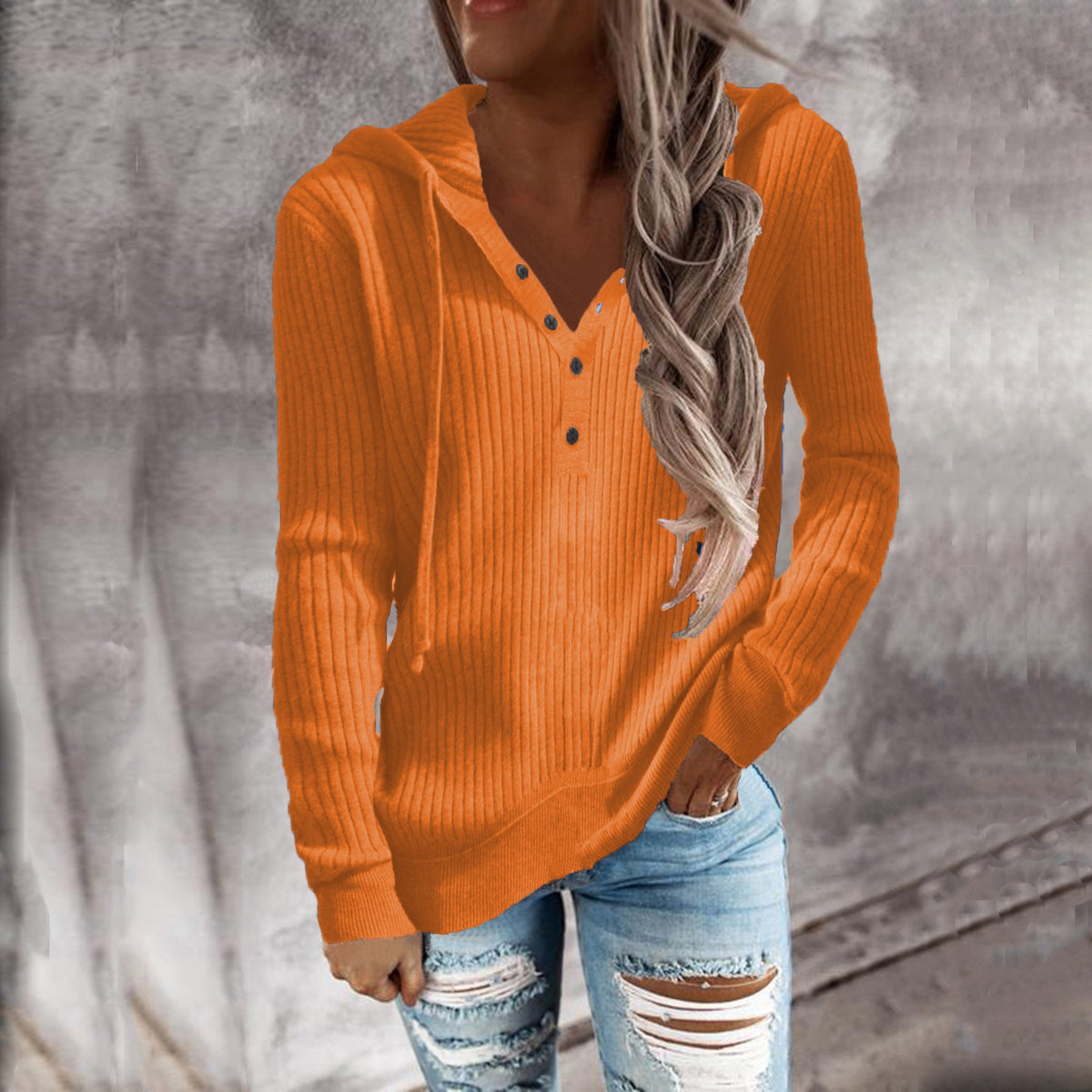 Elarova | Damen Kapuzenpullover mit strukturiertem Rippdesign und praktischen Knopfdetails