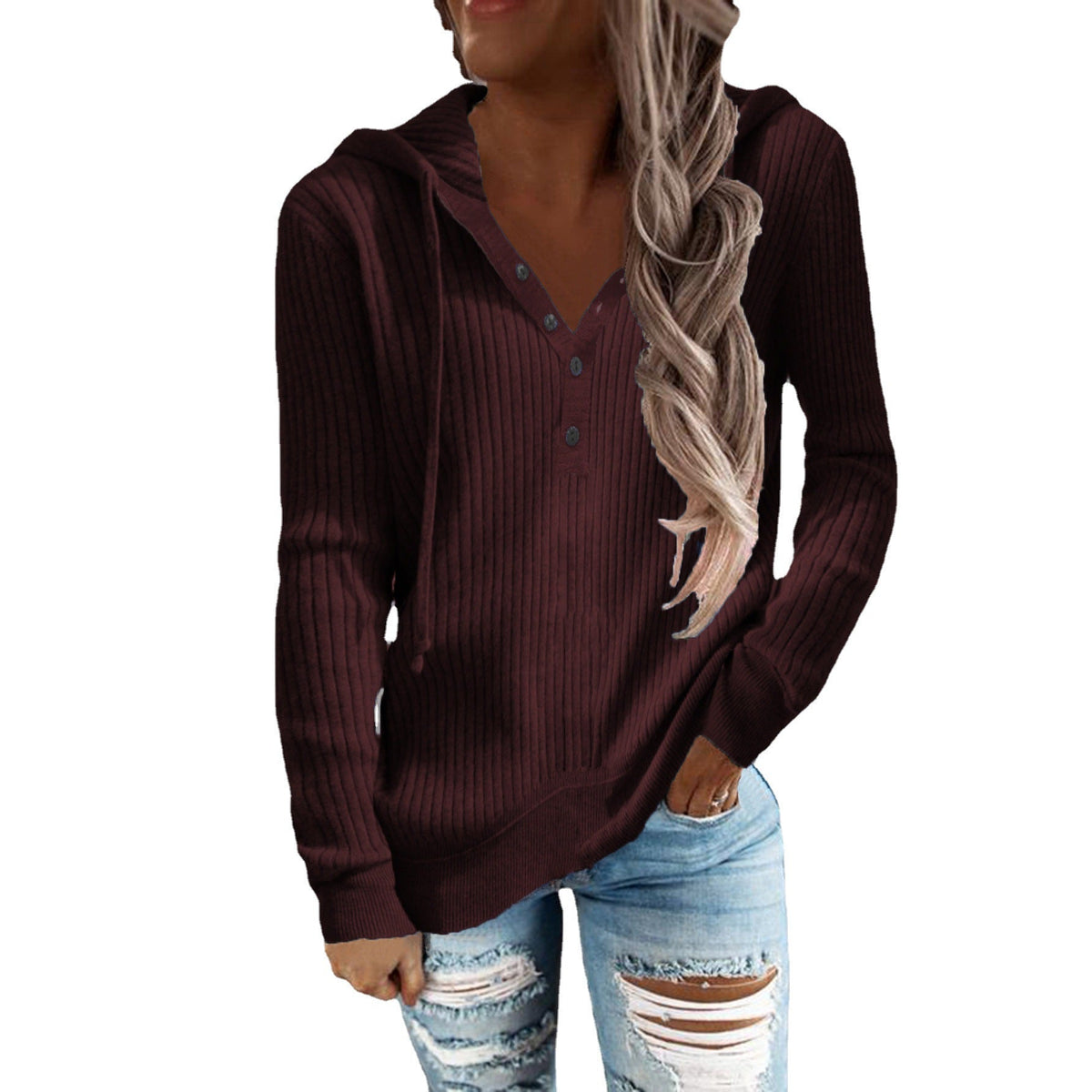 Elarova | Damen Kapuzenpullover mit strukturiertem Rippdesign und praktischen Knopfdetails
