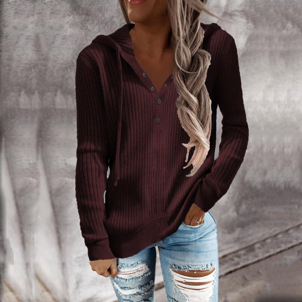 Elarova | Damen Kapuzenpullover mit strukturiertem Rippdesign und praktischen Knopfdetails