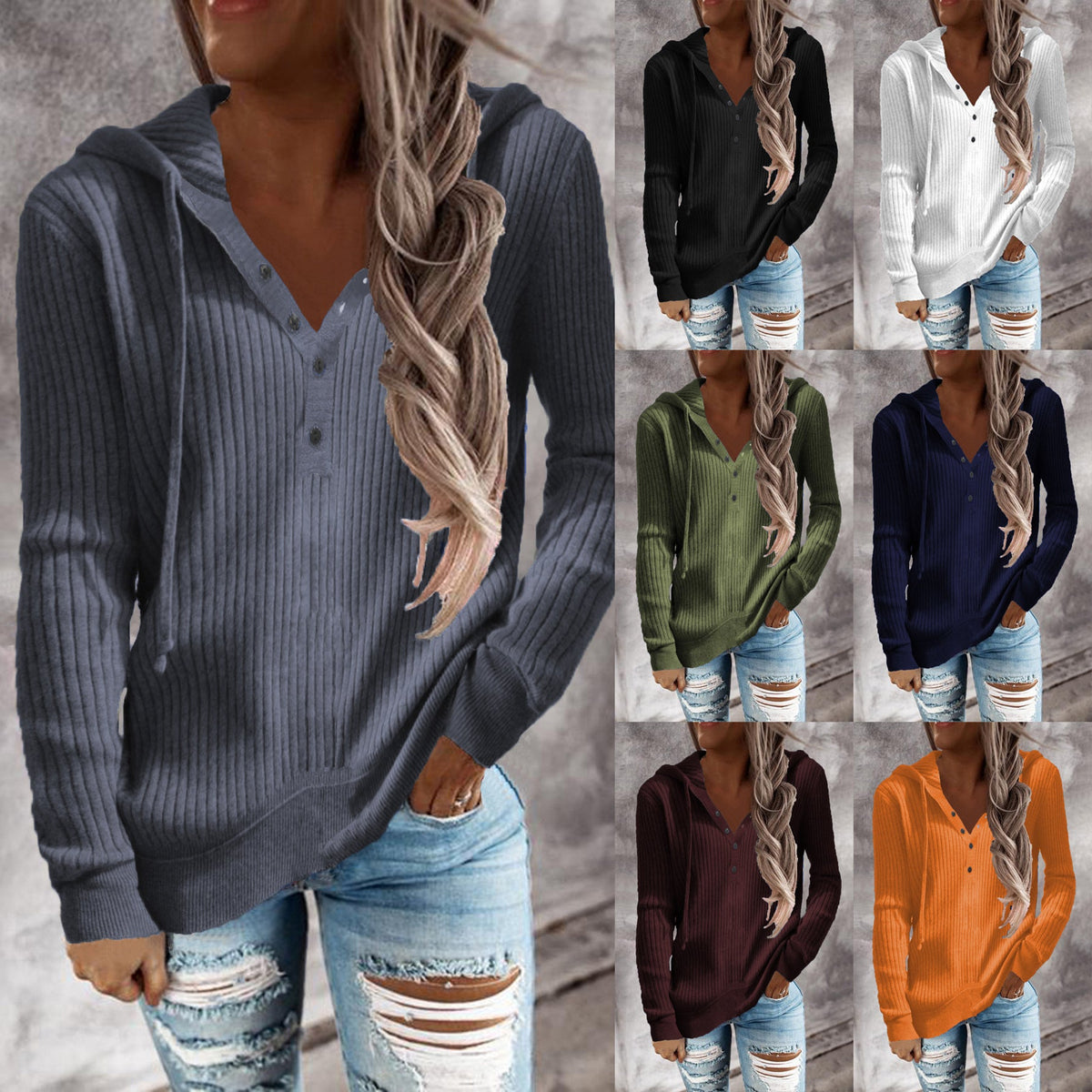 Elarova | Damen Kapuzenpullover mit strukturiertem Rippdesign und praktischen Knopfdetails
