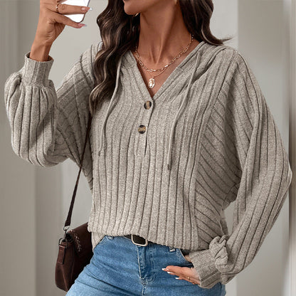 Elarova | Damen Kapuzensweater mit strukturiertem Rippdesign und eleganten Knopfdetails