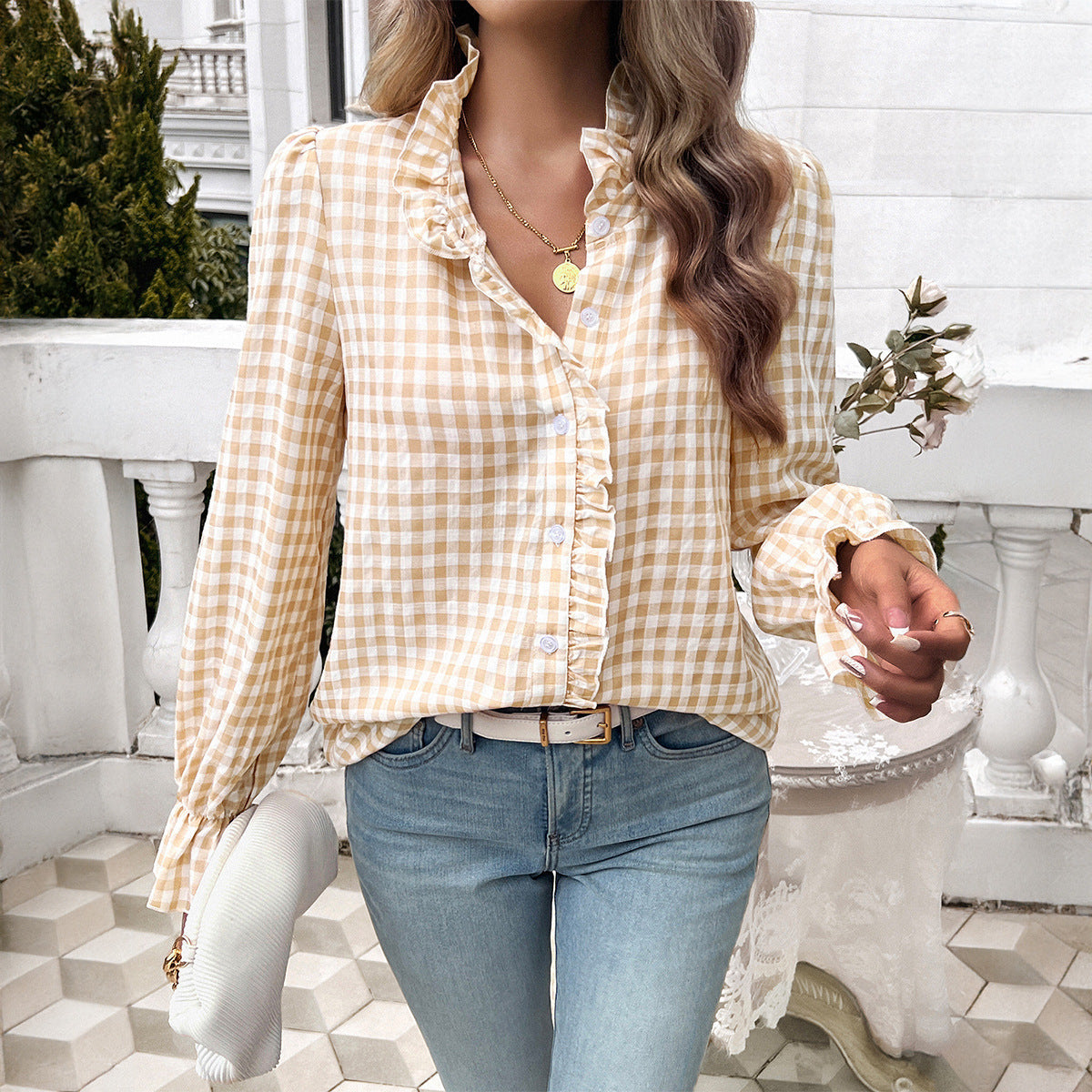Elarova | Damen Karierte Bluse mit Rüschendetails und Knopfleiste