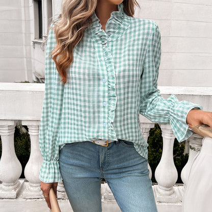 Elarova | Damen Karierte Bluse mit Rüschendetails und Knopfleiste