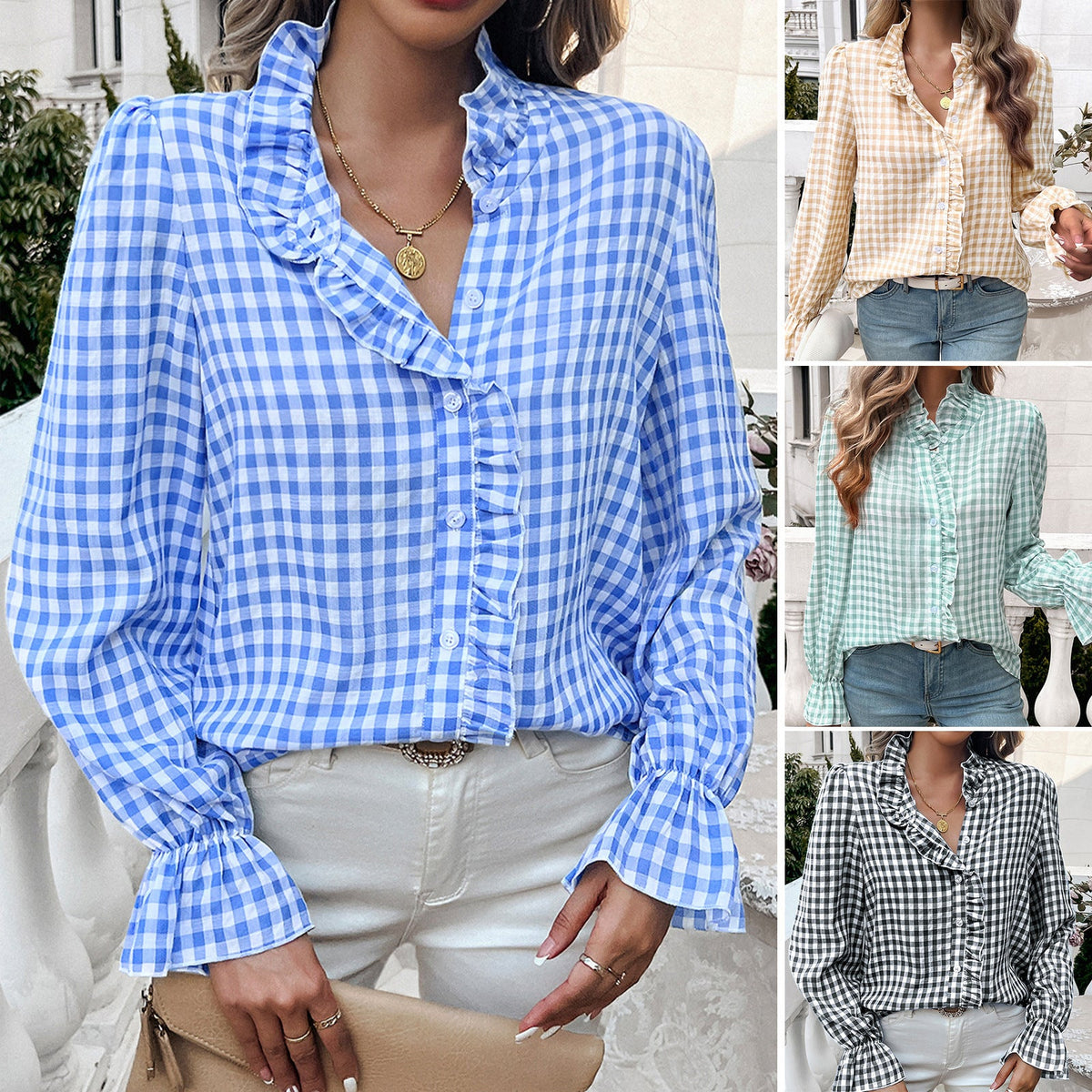 Elarova | Damen Karierte Bluse mit Rüschendetails und Knopfleiste