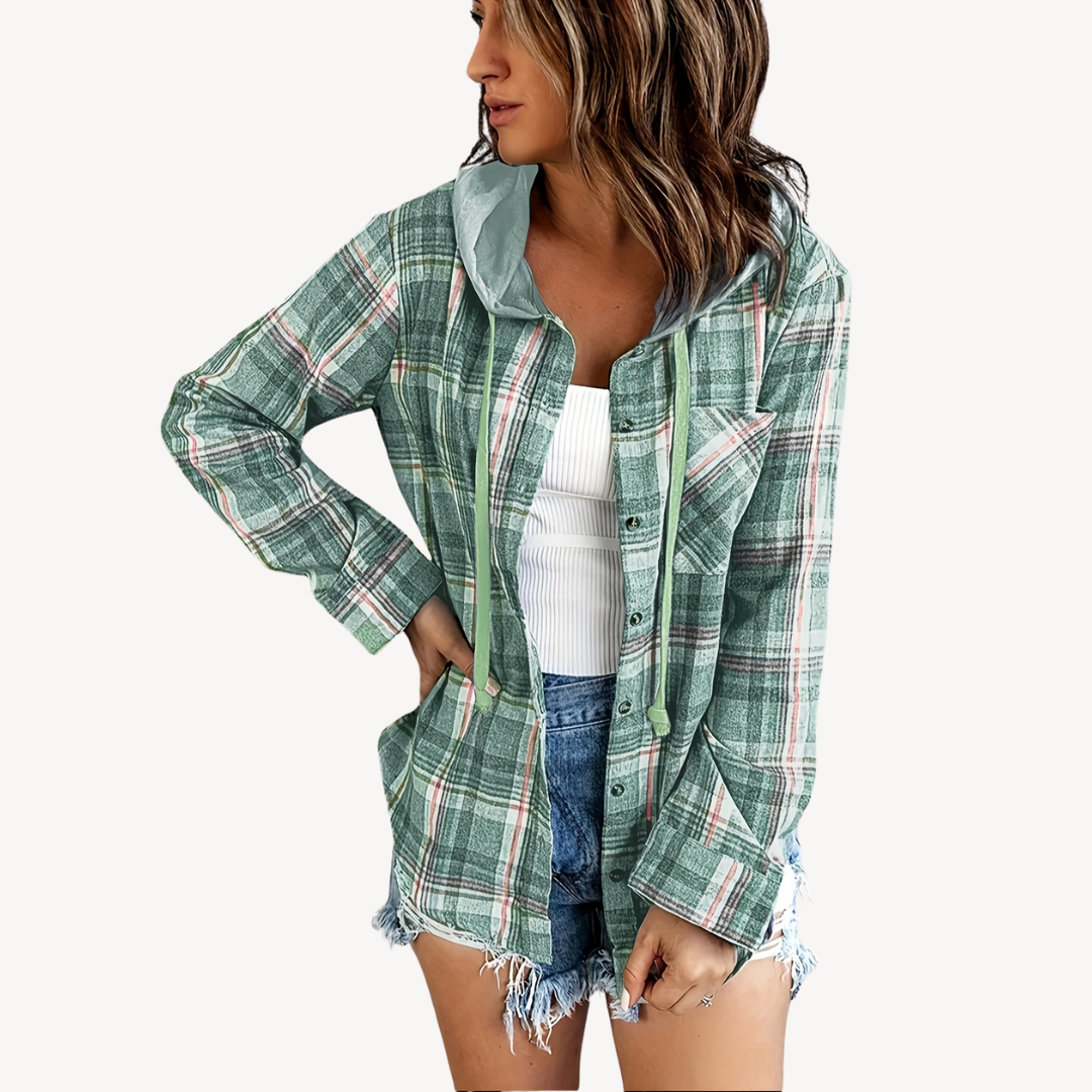 Elarova | Damen Karierte Button-Down-Hemdjacke mit Kapuze