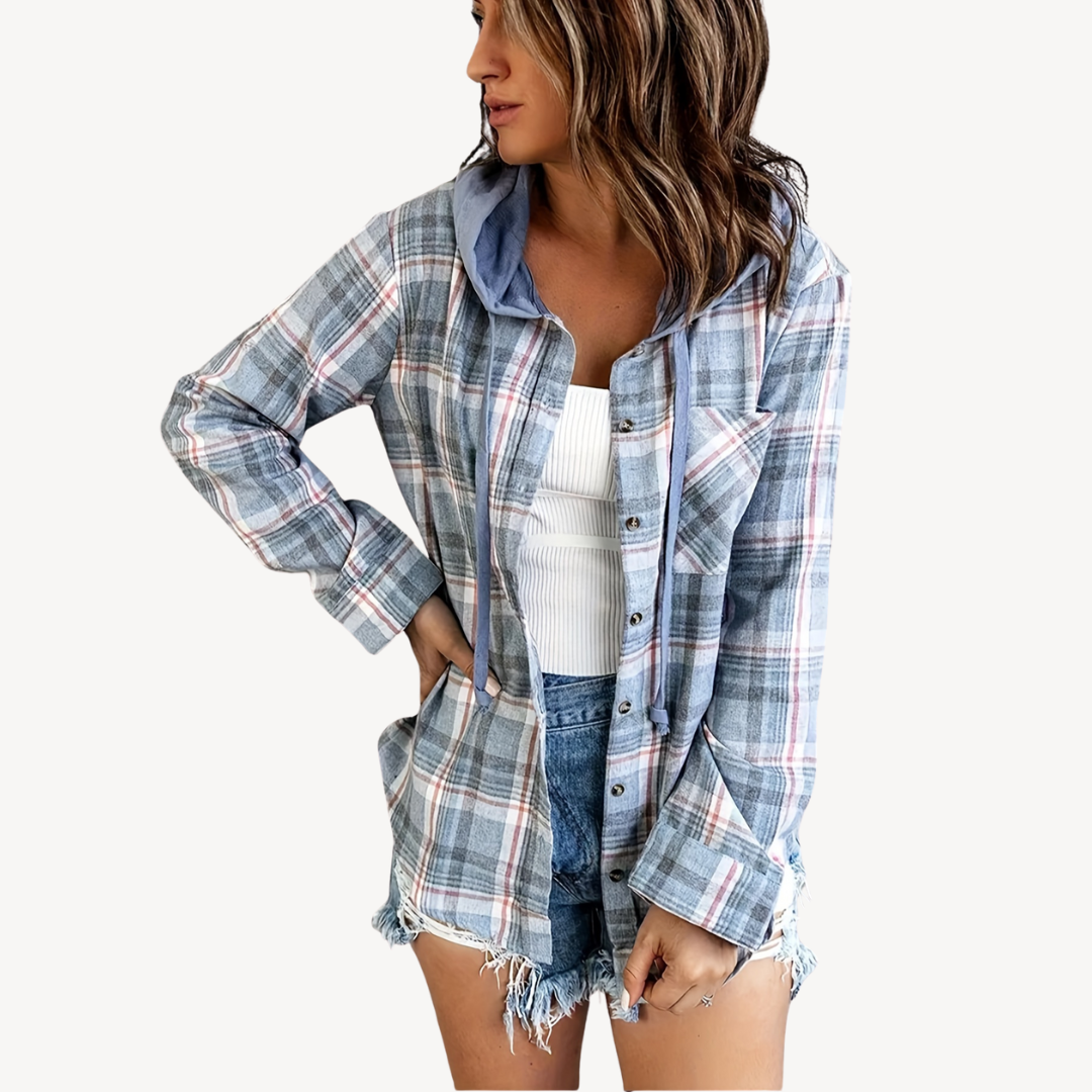 Elarova | Damen Karierte Button-Down-Hemdjacke mit Kapuze