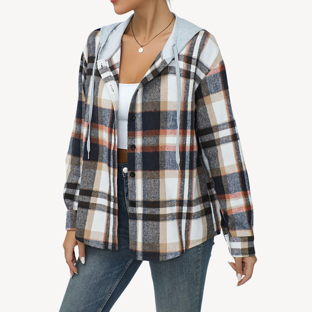 Elarova | Damen Kariertes Button-Down-Shaket mit Kapuze