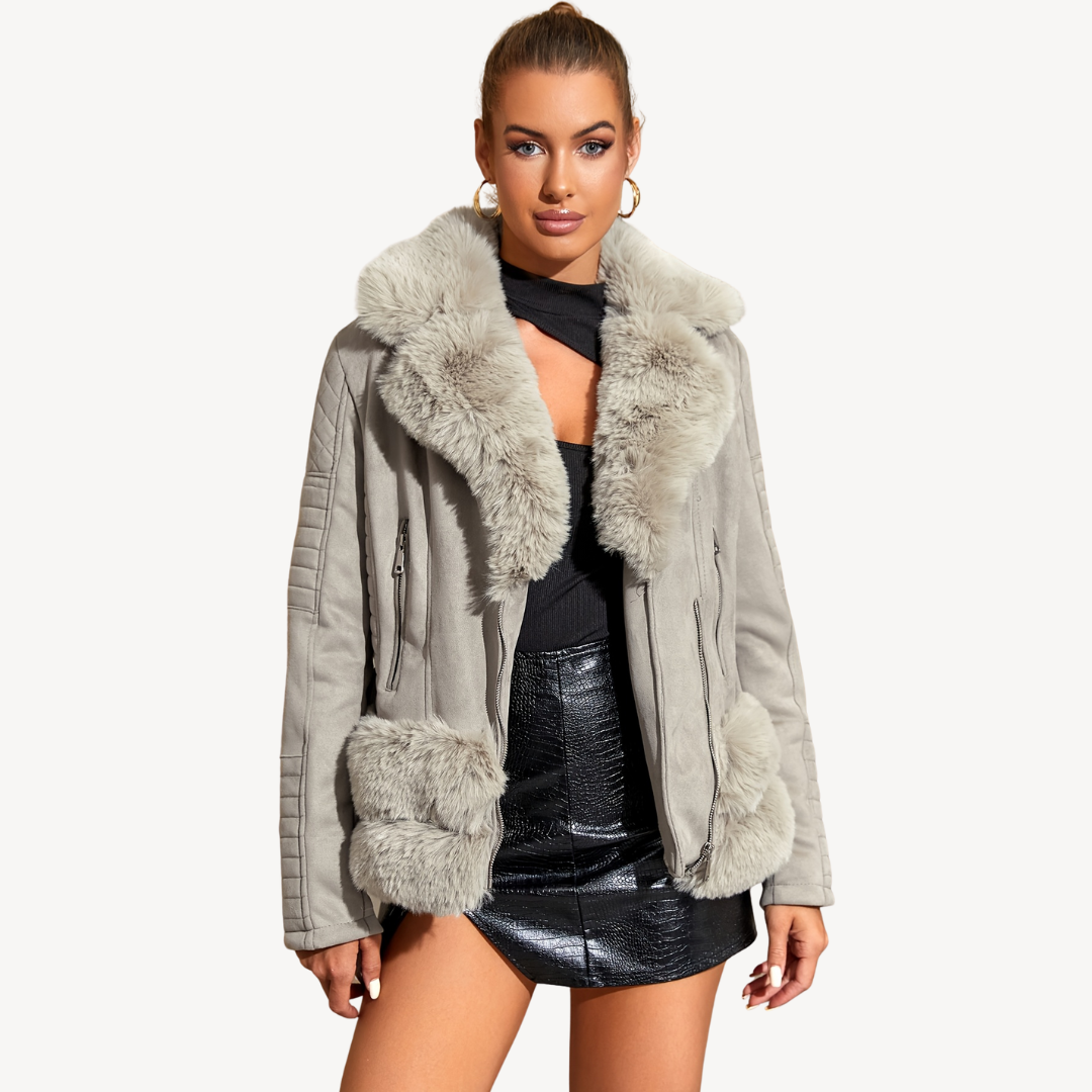 Elarova | Damen Kunstpelz Shearling Bikerjacke Braun