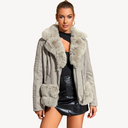 Elarova | Damen Kunstpelz Shearling Bikerjacke Braun