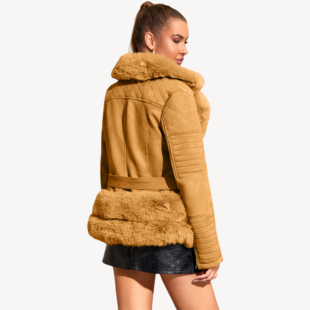 Elarova | Damen Kunstpelz Shearling Bikerjacke Braun