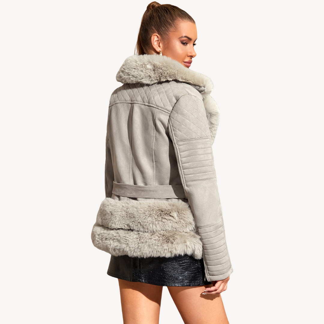 Elarova | Damen Kunstpelz Shearling Bikerjacke Braun