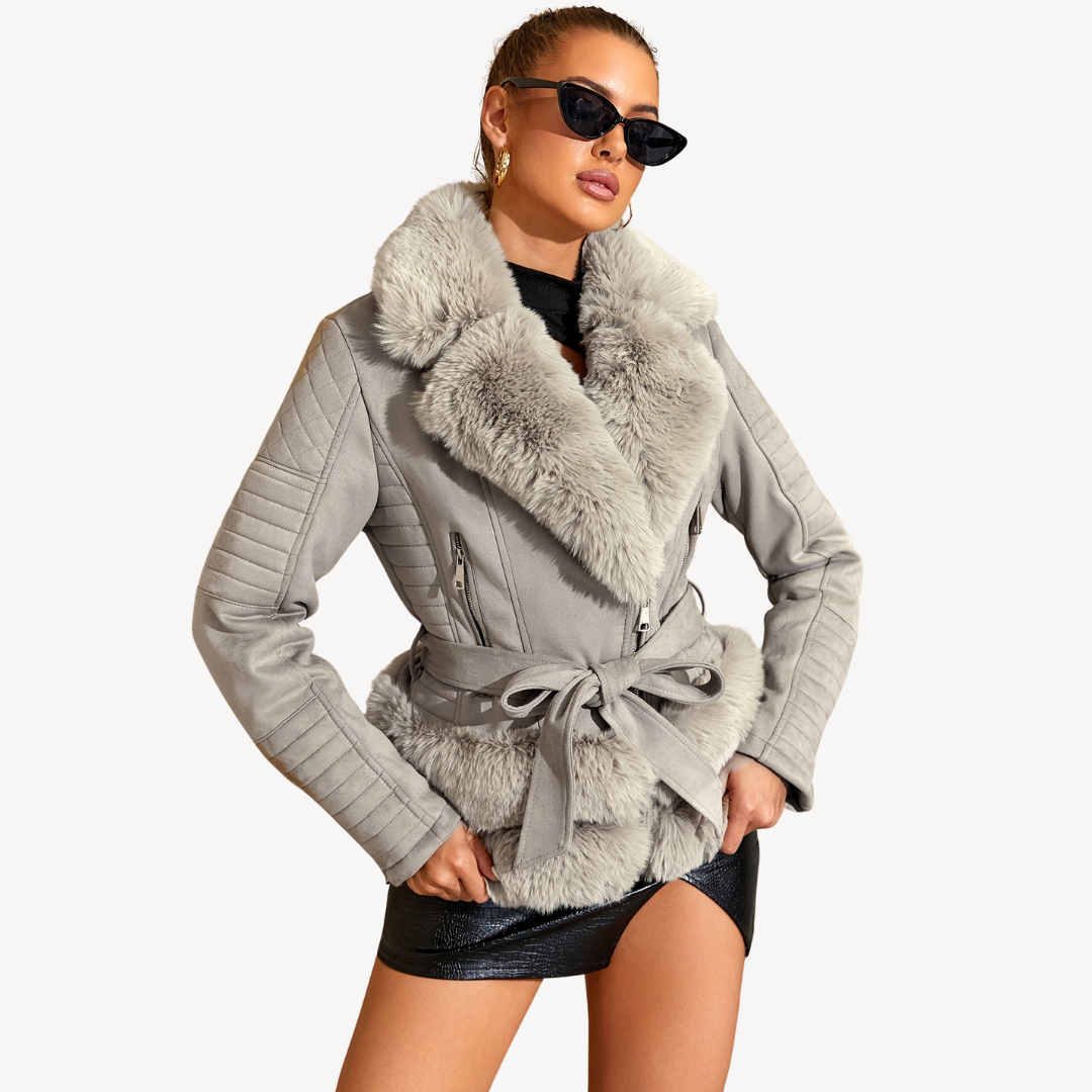 Elarova | Damen Kunstpelz Shearling Bikerjacke Braun