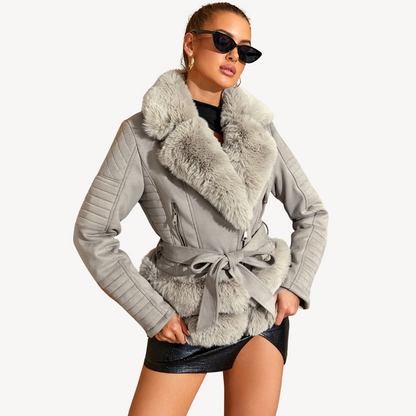 Elarova | Damen Kunstpelz Shearling Bikerjacke Braun