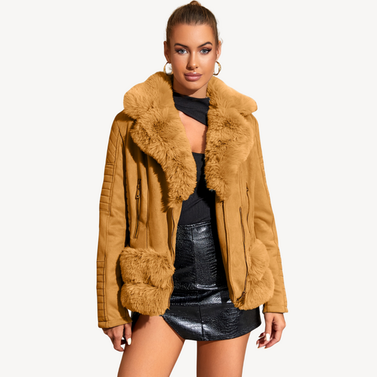 Elarova | Damen Kunstpelz Shearling Bikerjacke Braun