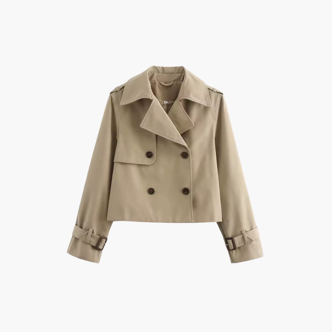 Elarova | Damen Kurz-Trenchcoat mit doppeltem Frontverschluss und Schnallenmanschetten