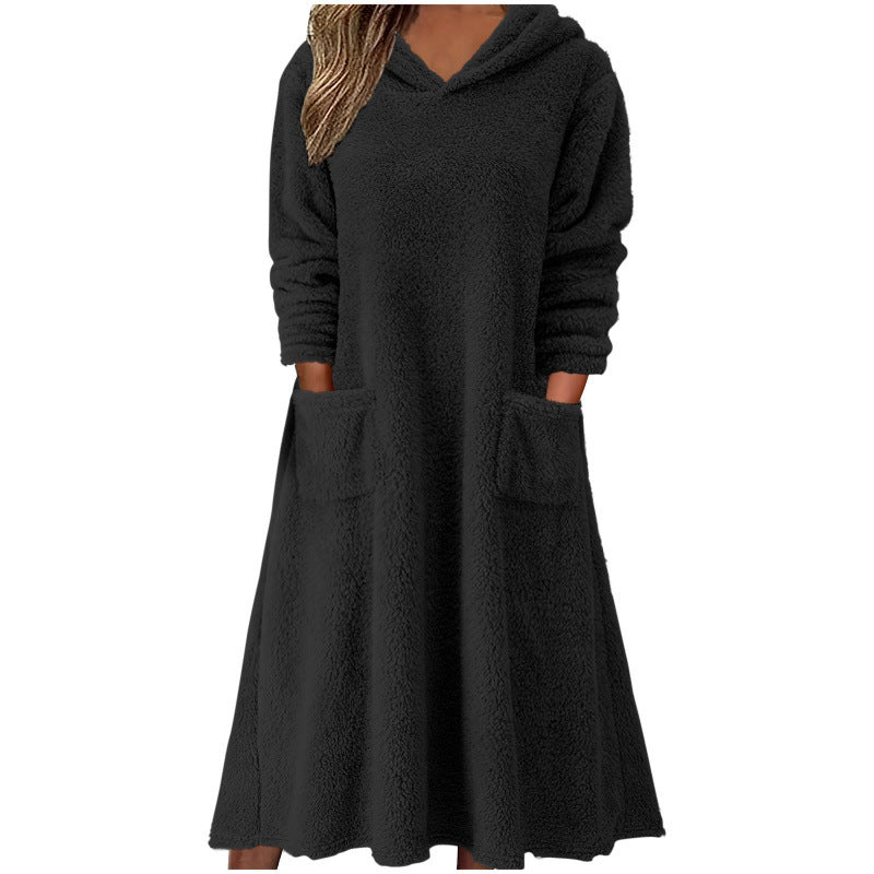 Elarova | Damen Kuscheliger FleeceKleid mit Kapuze und praktischen Taschen