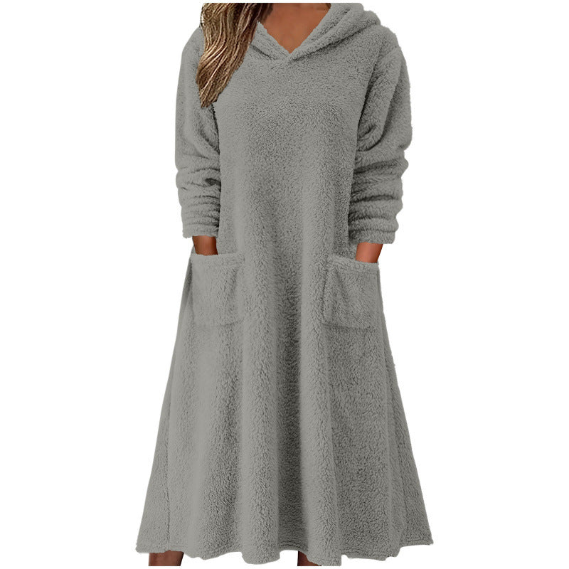 Elarova | Damen Kuscheliger FleeceKleid mit Kapuze und praktischen Taschen