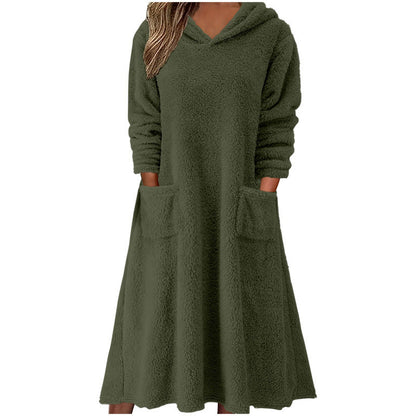 Elarova | Damen Kuscheliger FleeceKleid mit Kapuze und praktischen Taschen
