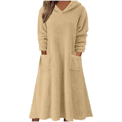Elarova | Damen Kuscheliger FleeceKleid mit Kapuze und praktischen Taschen