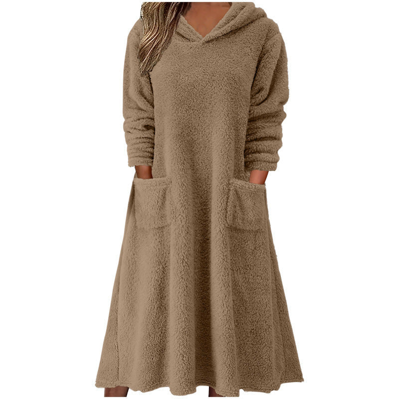 Elarova | Damen Kuscheliger FleeceKleid mit Kapuze und praktischen Taschen
