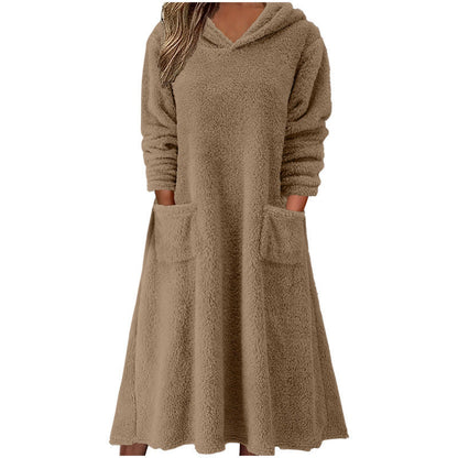 Elarova | Damen Kuscheliger FleeceKleid mit Kapuze und praktischen Taschen