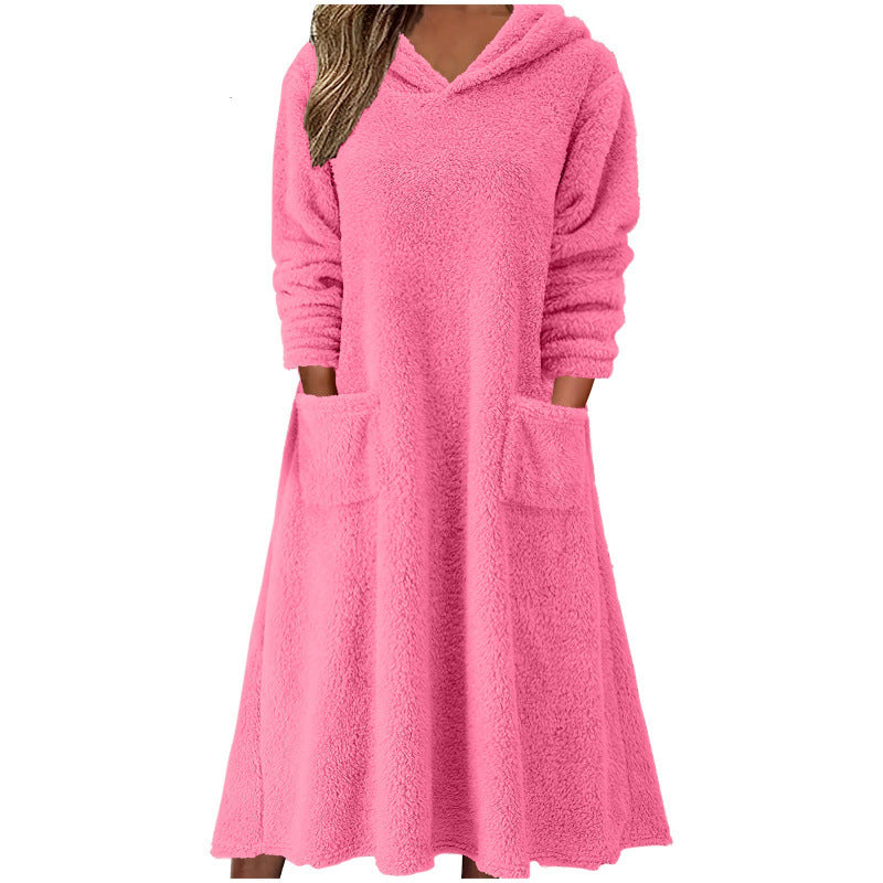 Elarova | Damen Kuscheliger FleeceKleid mit Kapuze und praktischen Taschen