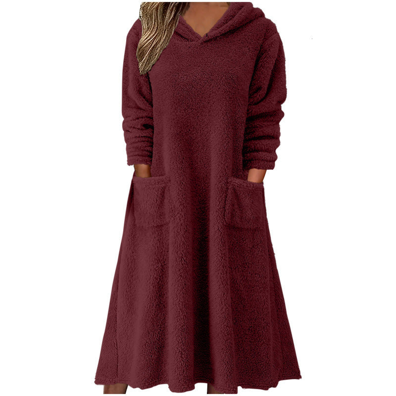 Elarova | Damen Kuscheliger FleeceKleid mit Kapuze und praktischen Taschen
