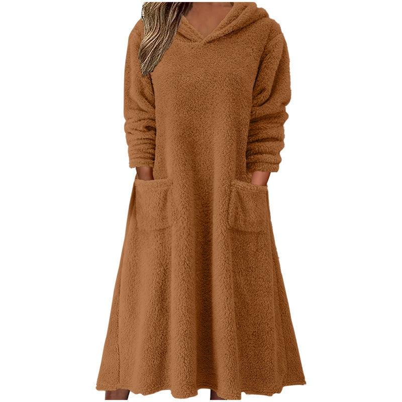 Elarova | Damen Kuscheliger FleeceKleid mit Kapuze und praktischen Taschen