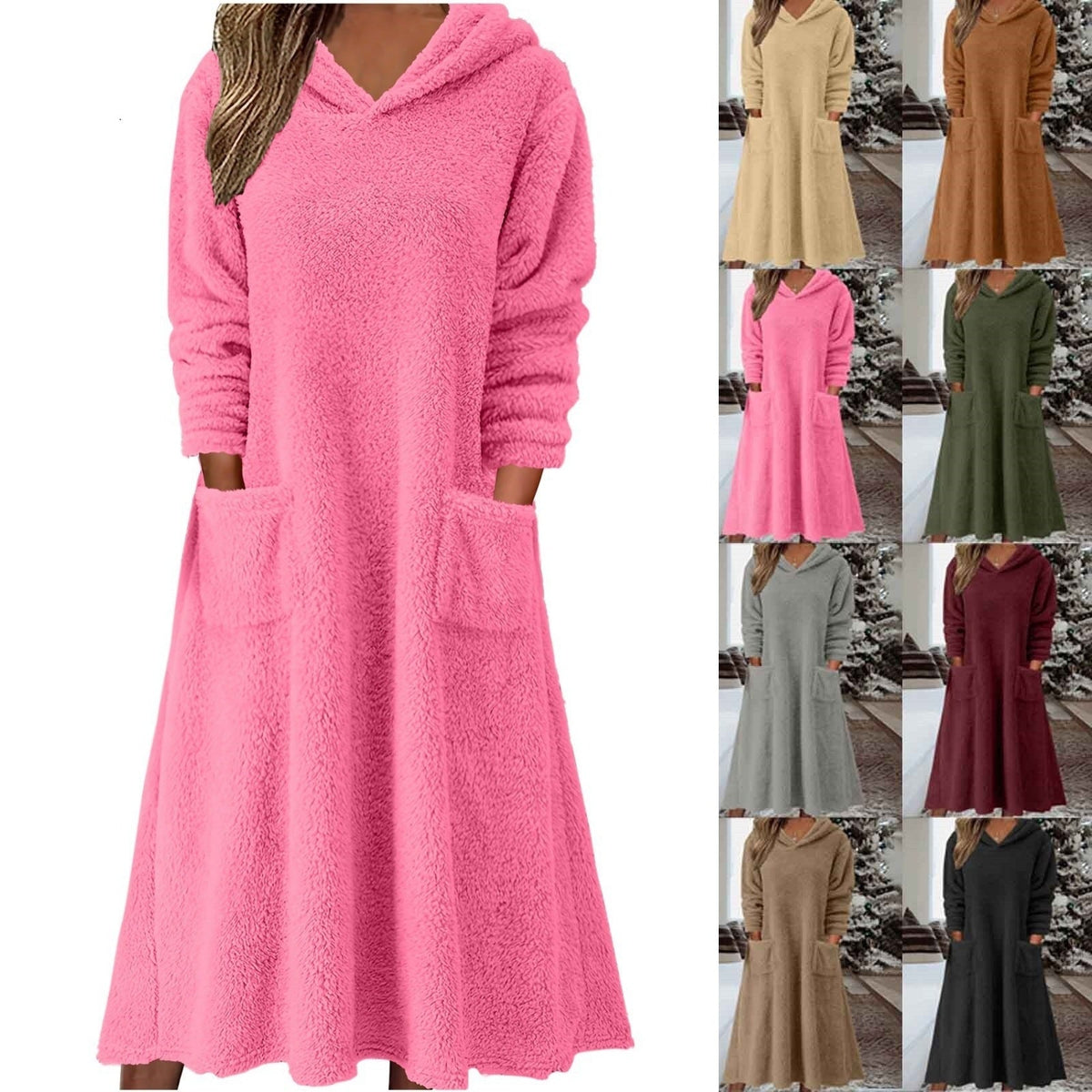 Elarova | Damen Kuscheliger FleeceKleid mit Kapuze und praktischen Taschen