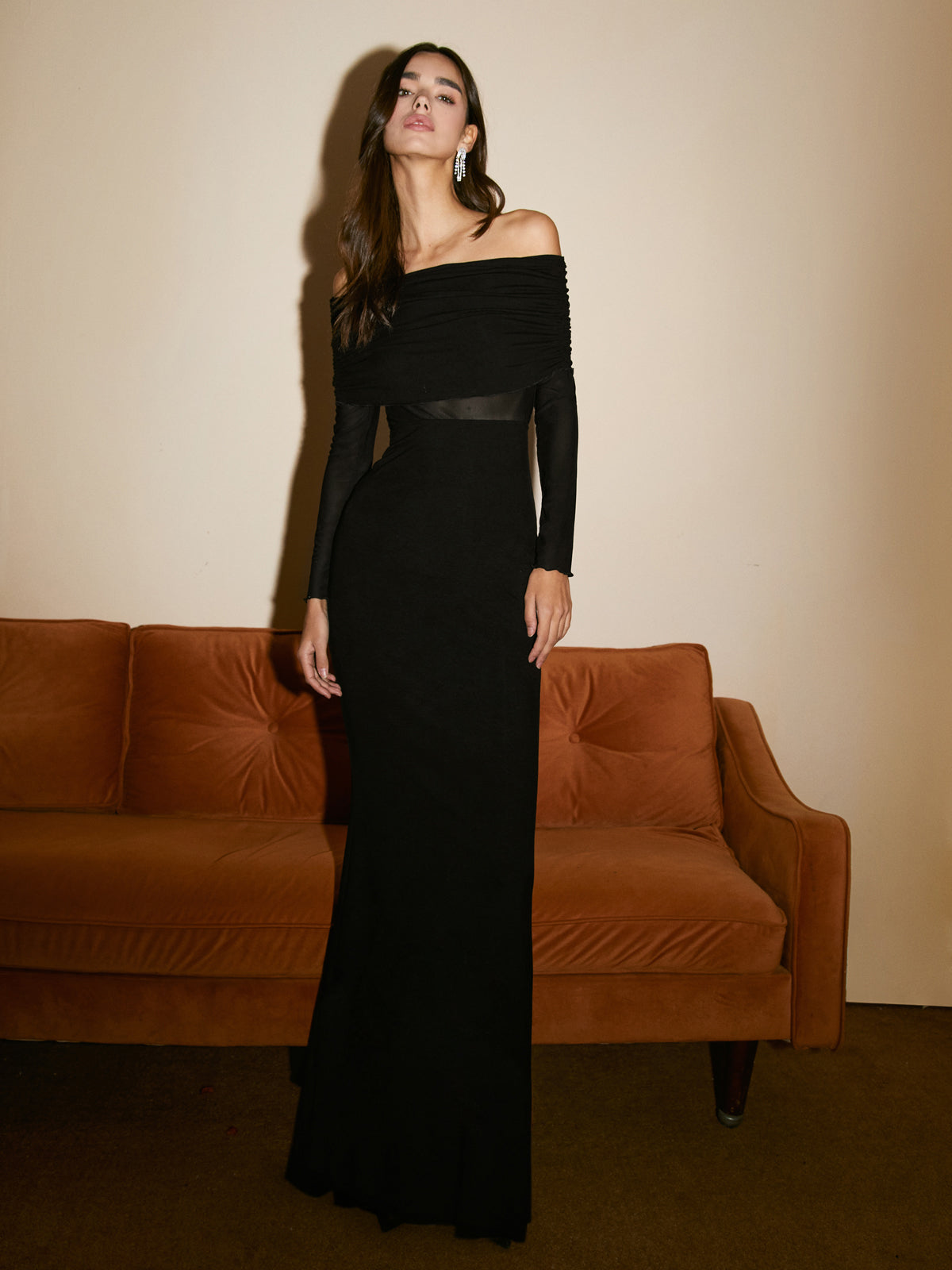 Elarova Damen Langarm-Maxikleid mit Off-Shoulder-Ausschnitt und Mesh-Einsatz