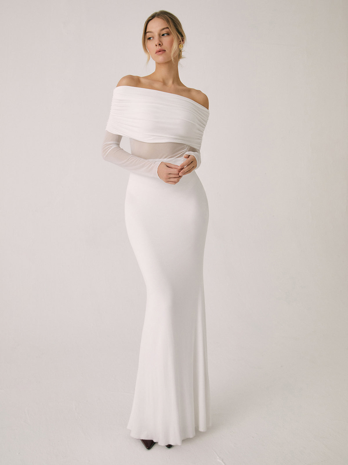 Elarova Damen Langarm-Maxikleid mit Off-Shoulder-Ausschnitt und Mesh-Einsatz