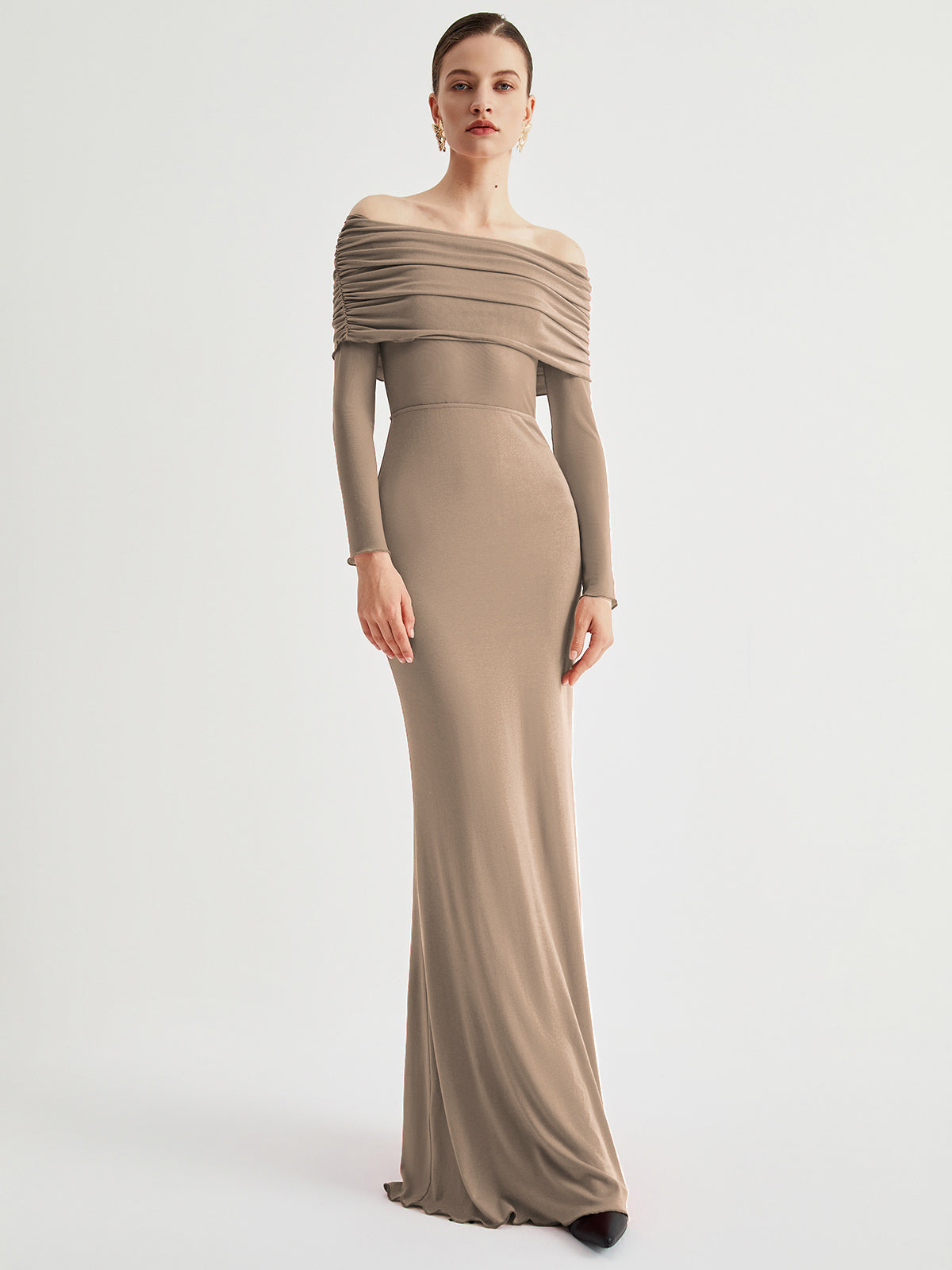 Elarova Damen Langarm-Maxikleid mit Off-Shoulder-Ausschnitt und Mesh-Einsatz
