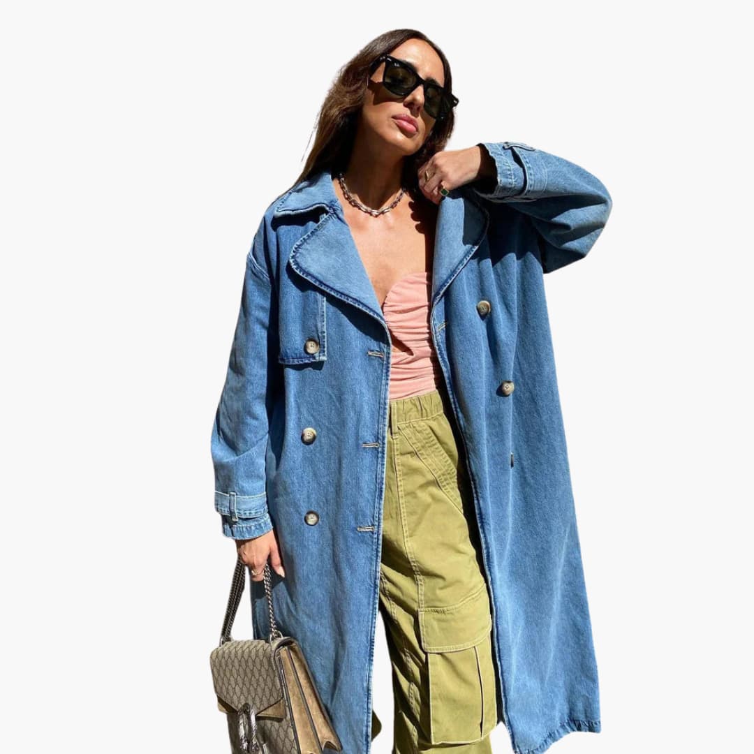 Elarova | Damen Langer Jeans Trenchcoat mit Gürtel