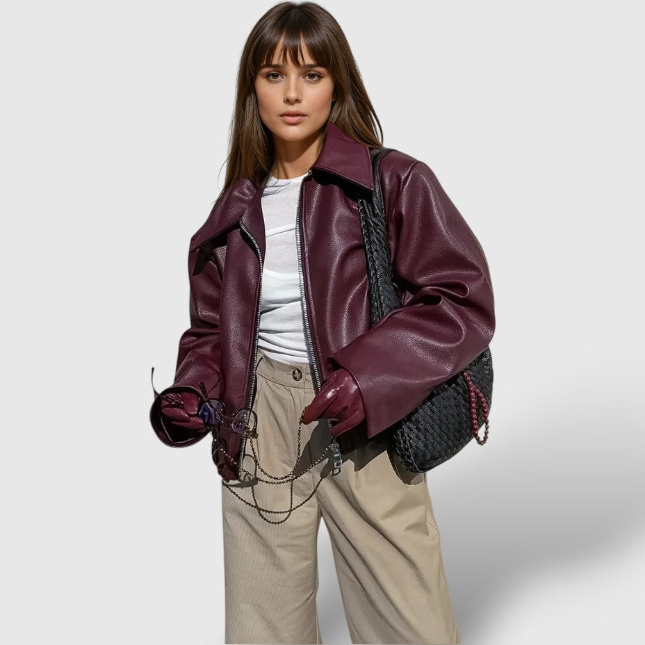 Elarova | Damen Lederjacke mit Reißverschluss und Stehkragen