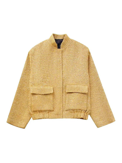 Elarova | Damen Locker geschnittene Pailletten Gold Bomberjacke mit Stehkragen