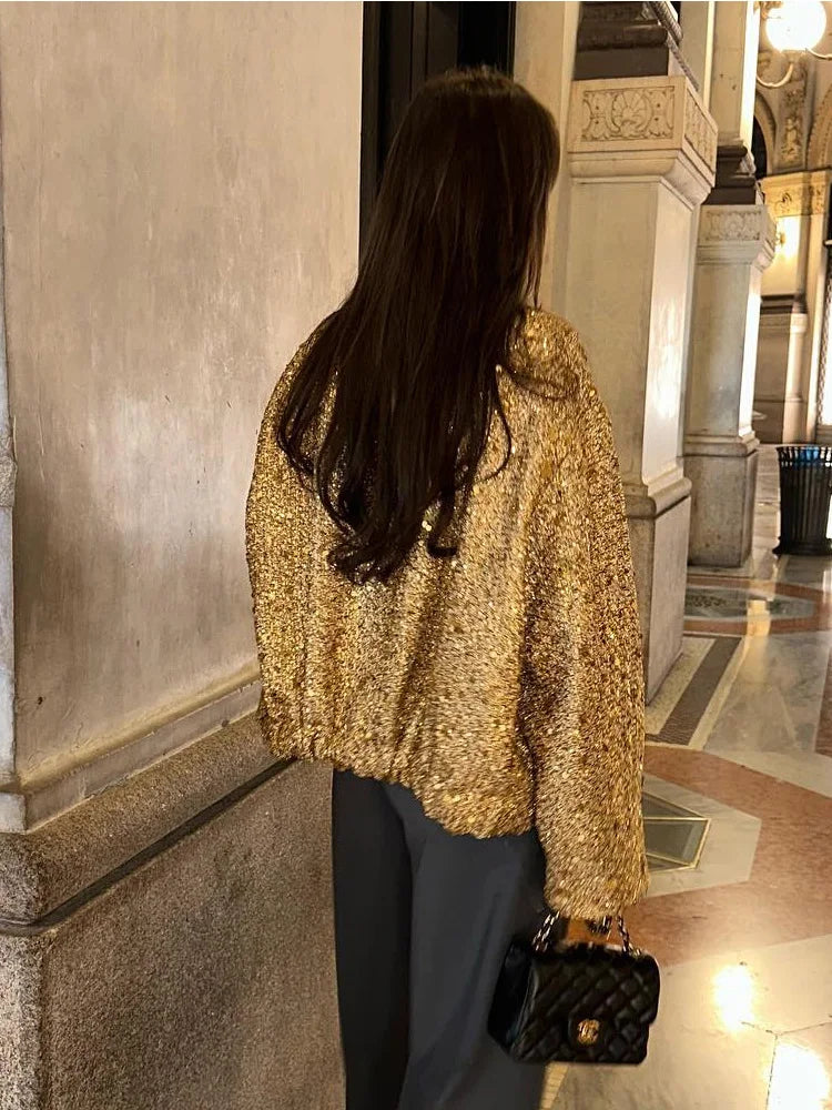 Elarova | Damen Locker geschnittene Pailletten Gold Bomberjacke mit Stehkragen
