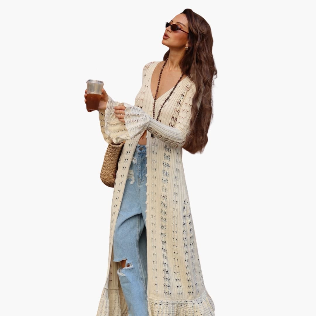 Elarova | Damen Long Strickjacke mit offenem Frontdesign und ausgestellten Ärmeln