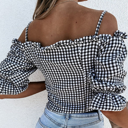 Elarova | Damen OffShoulder Bluse mit Rüschendetails und Karomuster