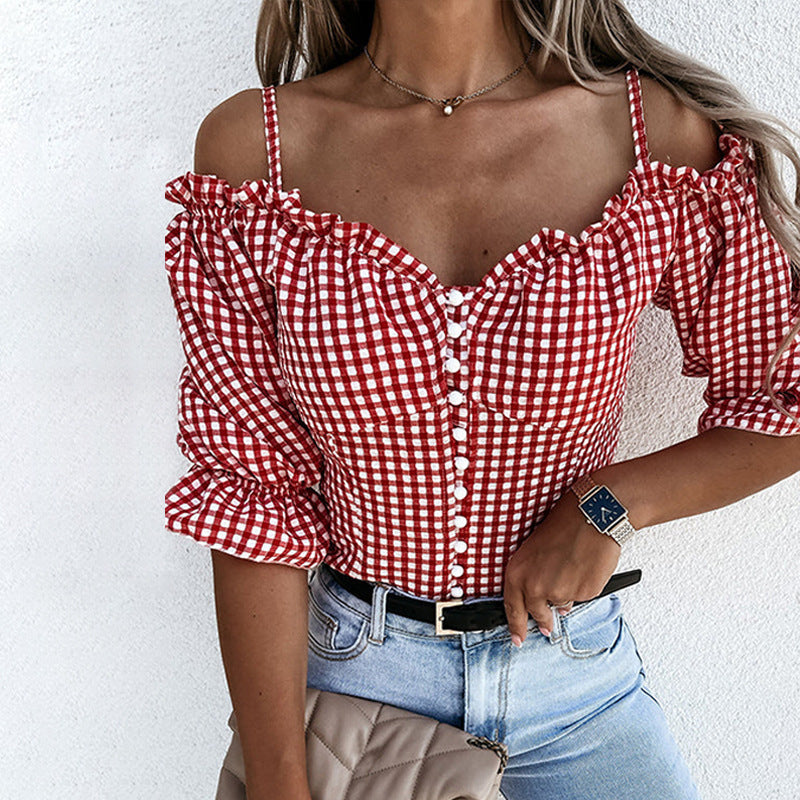 Elarova | Damen OffShoulder Bluse mit Rüschendetails und Karomuster