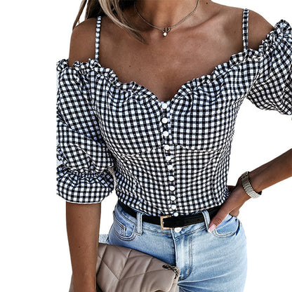 Elarova | Damen OffShoulder Bluse mit Rüschendetails und Karomuster
