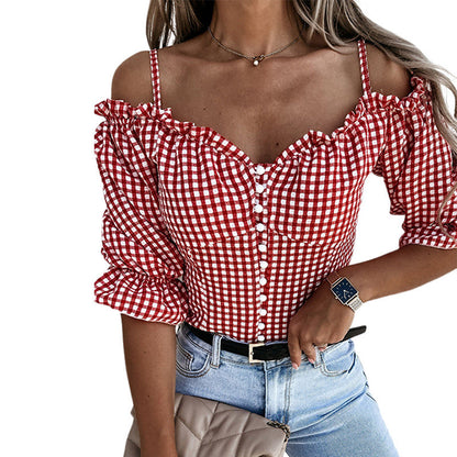 Elarova | Damen OffShoulder Bluse mit Rüschendetails und Karomuster