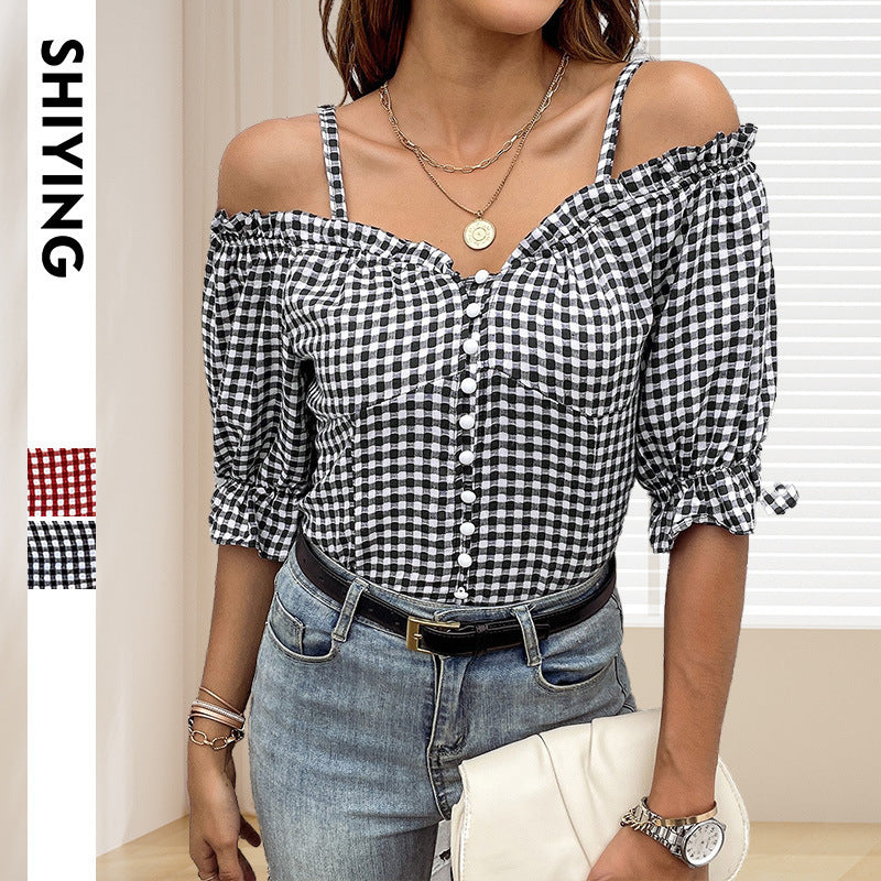 Elarova | Damen OffShoulder Bluse mit Rüschendetails und Karomuster