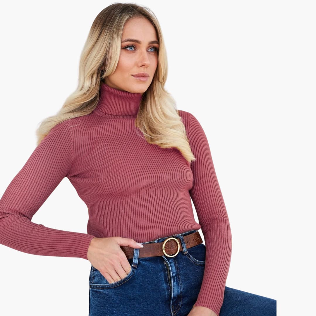 Elarova | Damen Rollkragenpullover mit gerippter Oberfläche und langen Ärmeln