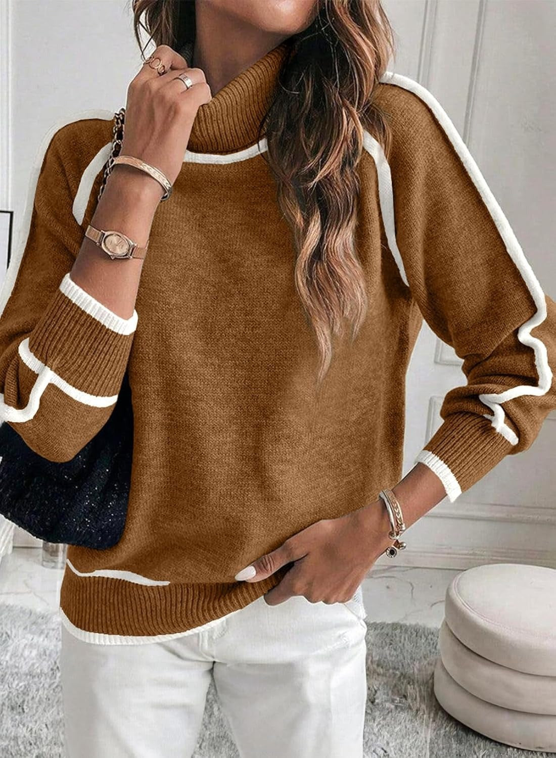 Elarova | Damen Rollkragenpullover mit kontrastierenden Nähten lässiger OversizedPullover