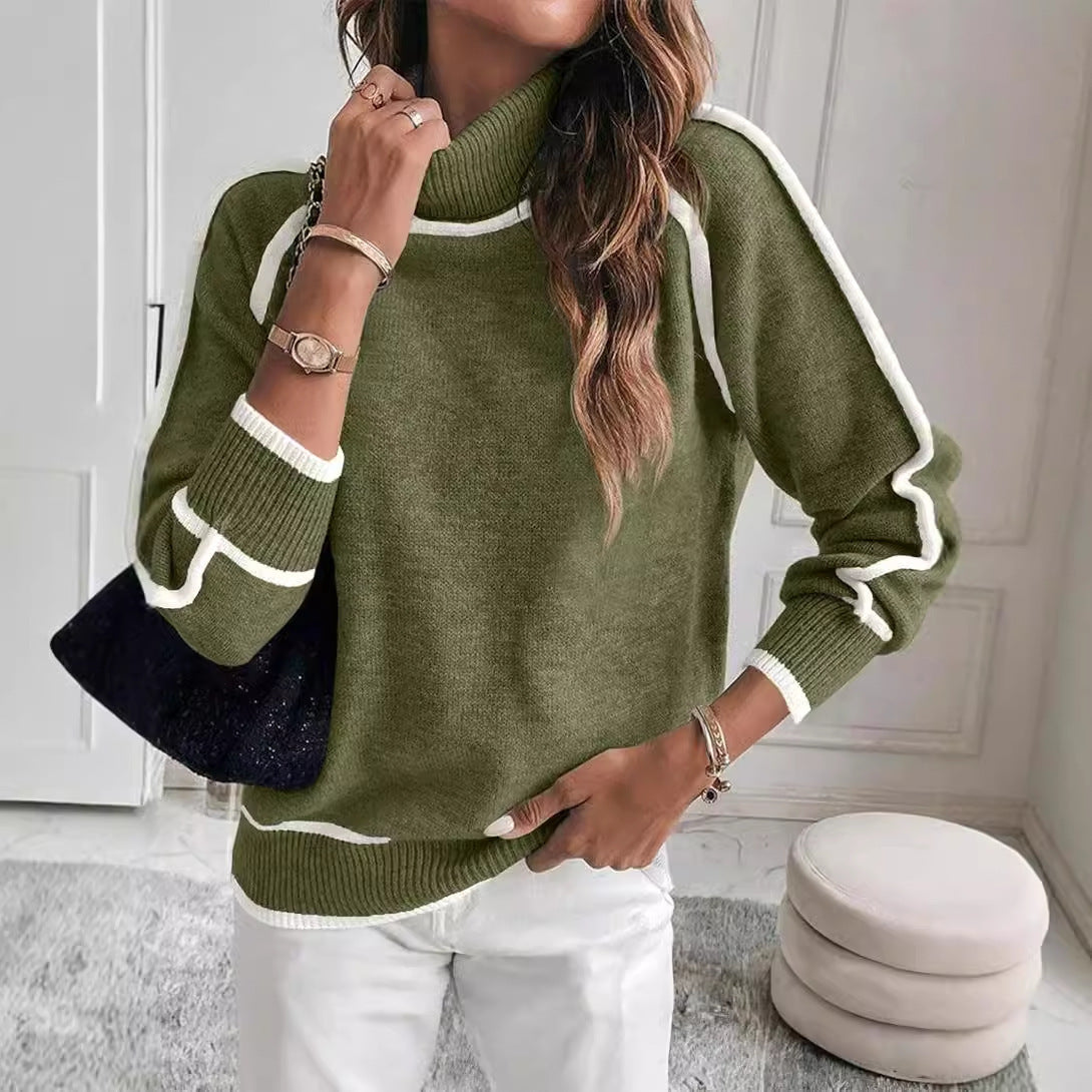 Elarova | Damen Rollkragenpullover mit kontrastierenden Nähten lässiger OversizedPullover
