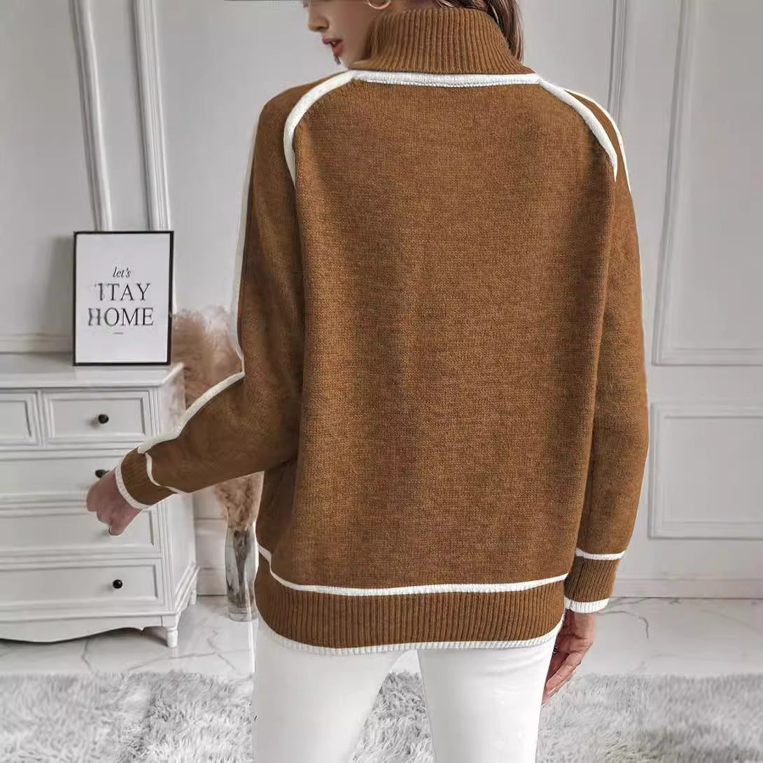 Elarova | Damen Rollkragenpullover mit kontrastierenden Nähten lässiger OversizedPullover