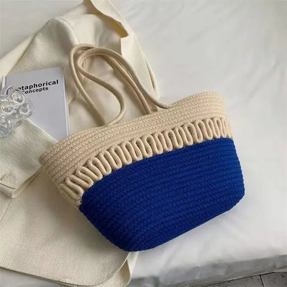 Elarova | Damen Schultertasche mit großer Kapazität handgefertigt aus StrickKitStoff und Stroh